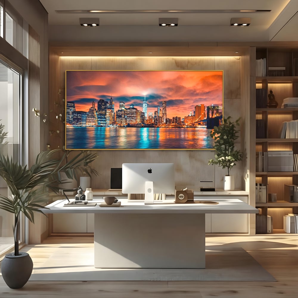 Tablou canvas cu tablou canvas cu peisaj urban nocturn, in rama de aluminiu auriu, pe perete intr-un birou